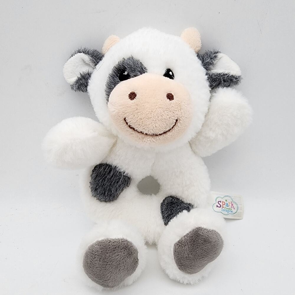 Spark Create Imagine Cow Rattle Ring Plush Stuffed Toy 8" White Gray 2024